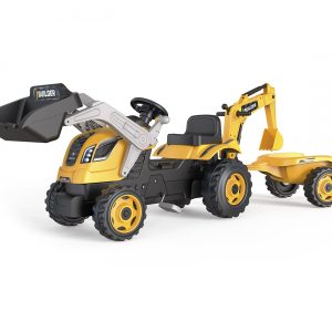 טרקטור שופל לילדים של חברת Smoby, דגם Builder Max Tractor & Trailer – תוצרת צרפת, כולל עגלה נגררת, כף קדמית ומחפרון אחורי