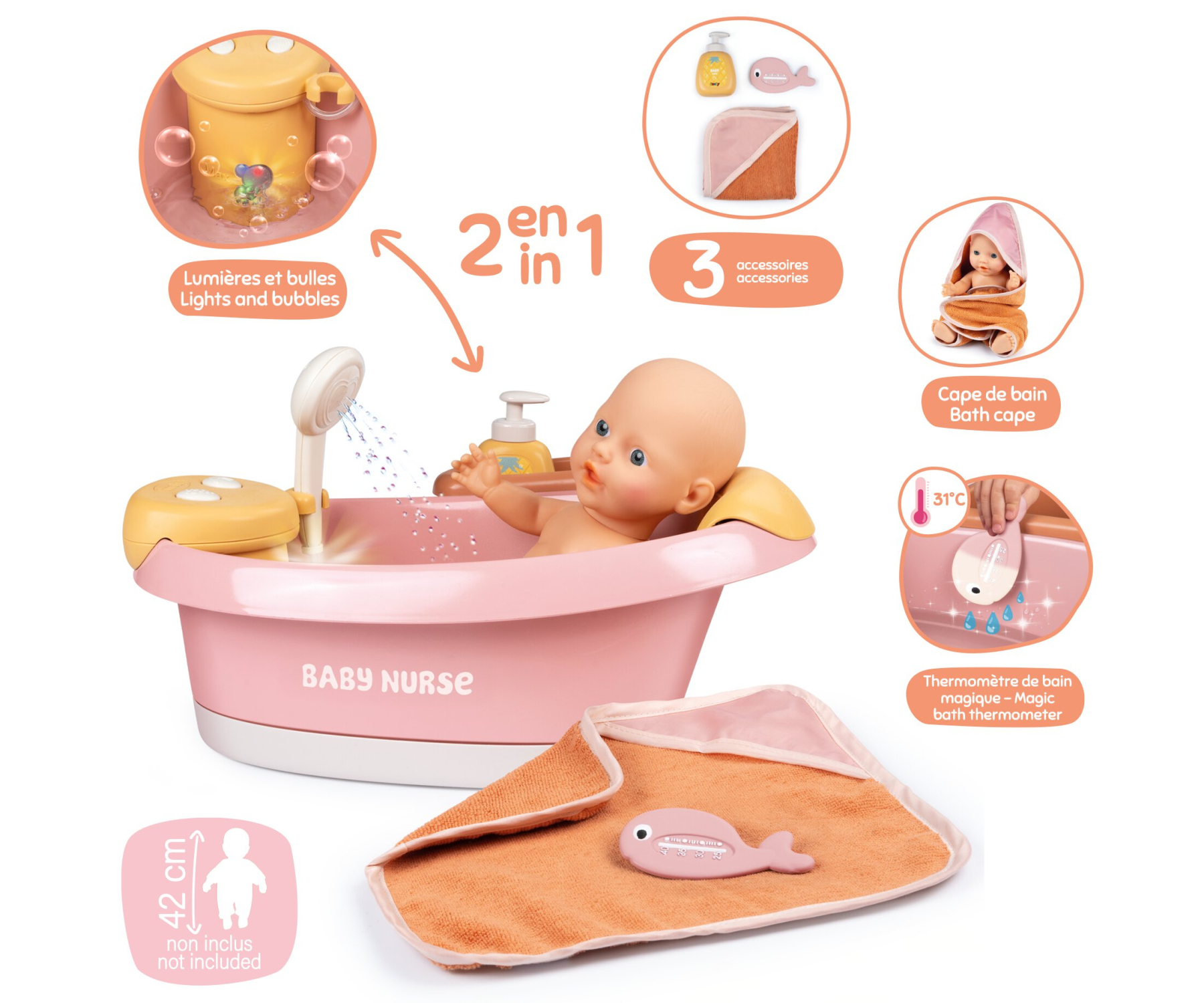 אמבטיה לבובה Baby Nurse כולל אביזרים של חברת Smoby מצרפת (לא כולל בובה) – תמונה 5